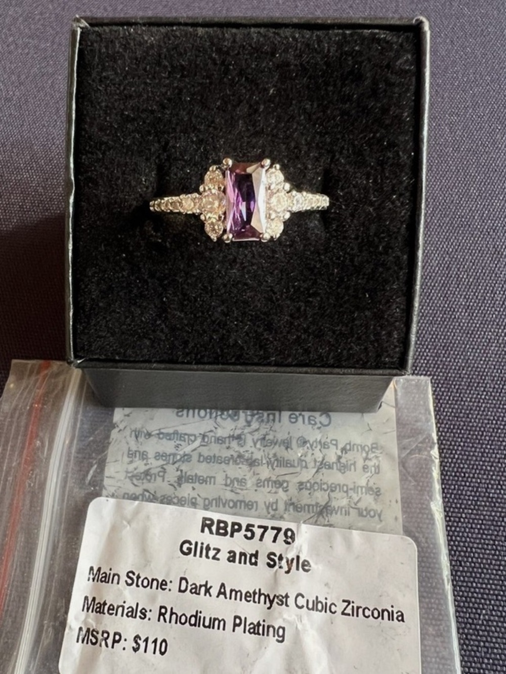 Bomb Party "Glitz & Style" Dark Amethyst CZ Rhodium Plated Ring Size 6 Zirconia - Picture 8 of 10